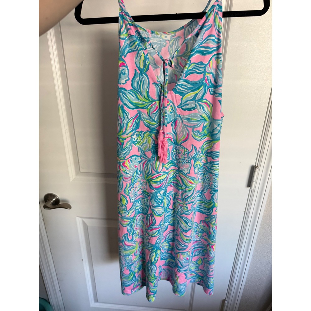 Lilly Pulitzer Pink Blue Pineapple Print Halter Tassel Dress XL Tropical Resort - Picture 3 of 4